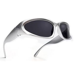 Gray Trendy Y2K Futuristic Wrap Around Rave Fashion Sunglasses for Women Men